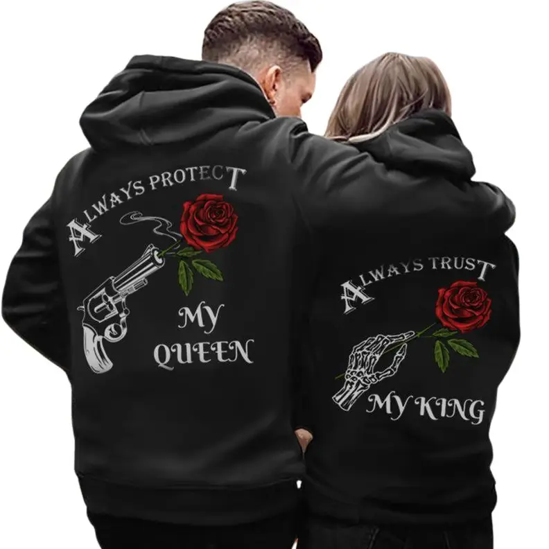 Couples Matching Hoodie - Streetwear Him & Her King & Queen Digital Print Sweatshirt, Breathable Unisex Pullover Black Hoodie King for Anniversaries, Style
