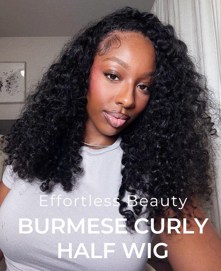 [LIVE ONLY] 4C Easy Blend Burmese Curly Half Wig Glueless Fulani Braids Human Hair Natural Volume Seamless Blend Realistic Hairline Adjustable Fit