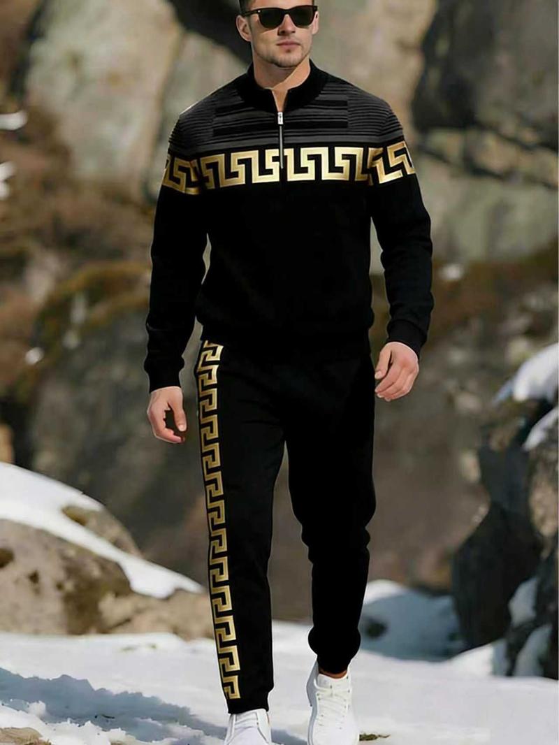 Fashionable business casual men's half zip sportswear with letter pattern slim fit two-piece set, equipped with stand up collar design, suitable for work and leisure occasions