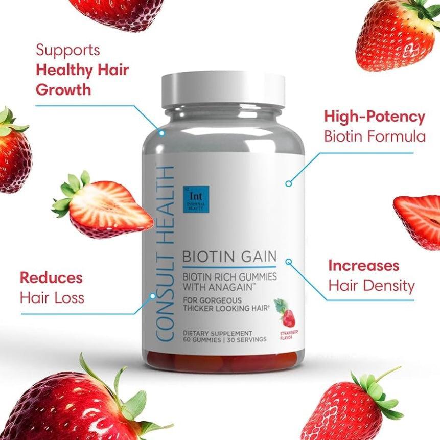 Biotin Gain Gummies - 60 Count, 10,000 mcg Biotin, AnaGain Extract, Strawberry Flavor, Dietary Supplement for Hair & Nail Health