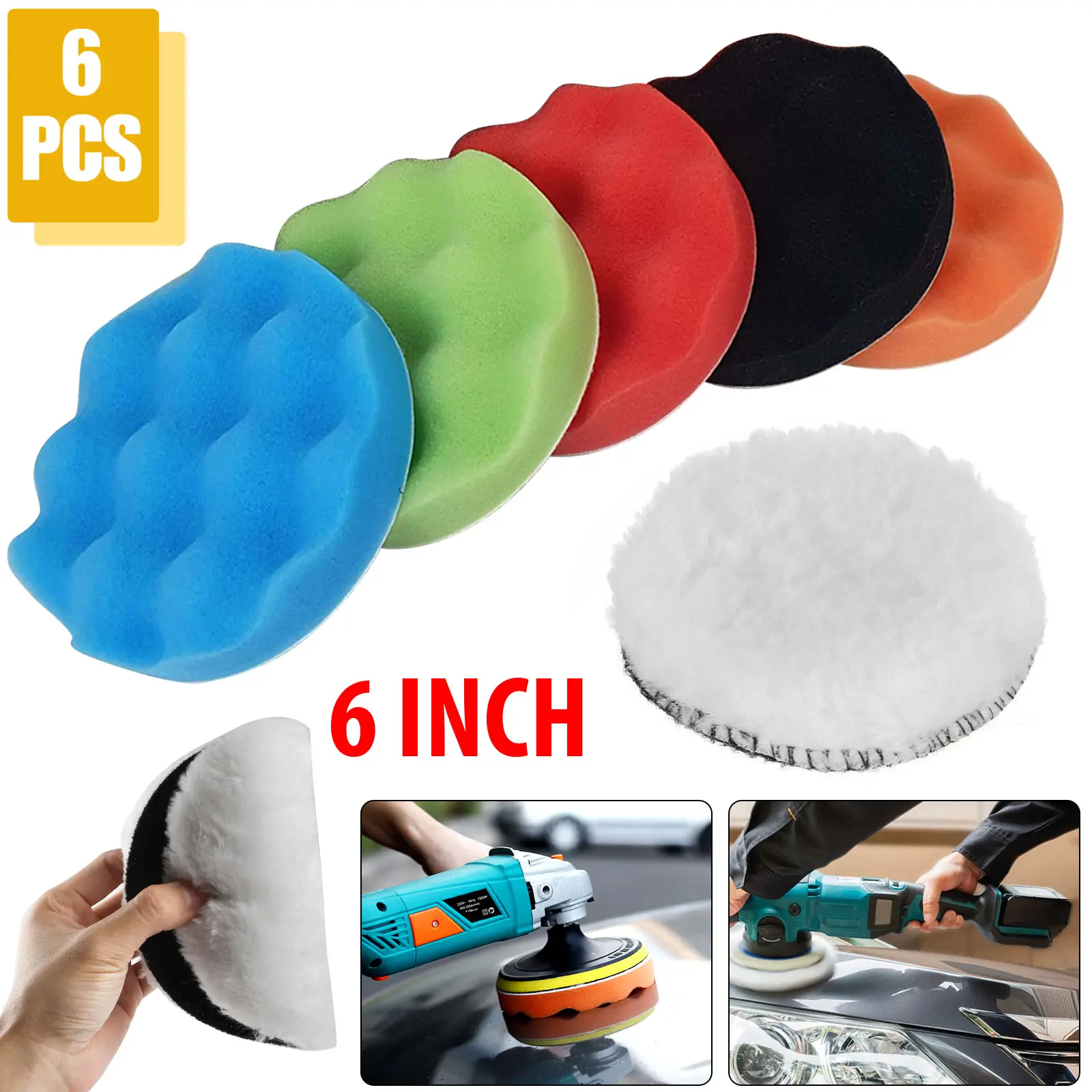 6Pcs Car Polishing Pad Kit - 6Inch Car Buffing Kit,Foam Sponge Pads with Wool Pads,Automotive Buffing Tool,Cleaning Tools,Car Buffers And Polishers Kit
