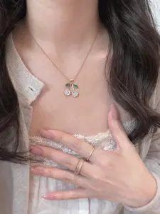 Cherry Pendant Necklace for Women – Cute Rhinestone Cherry Necklace (Silver, Pink, Red)