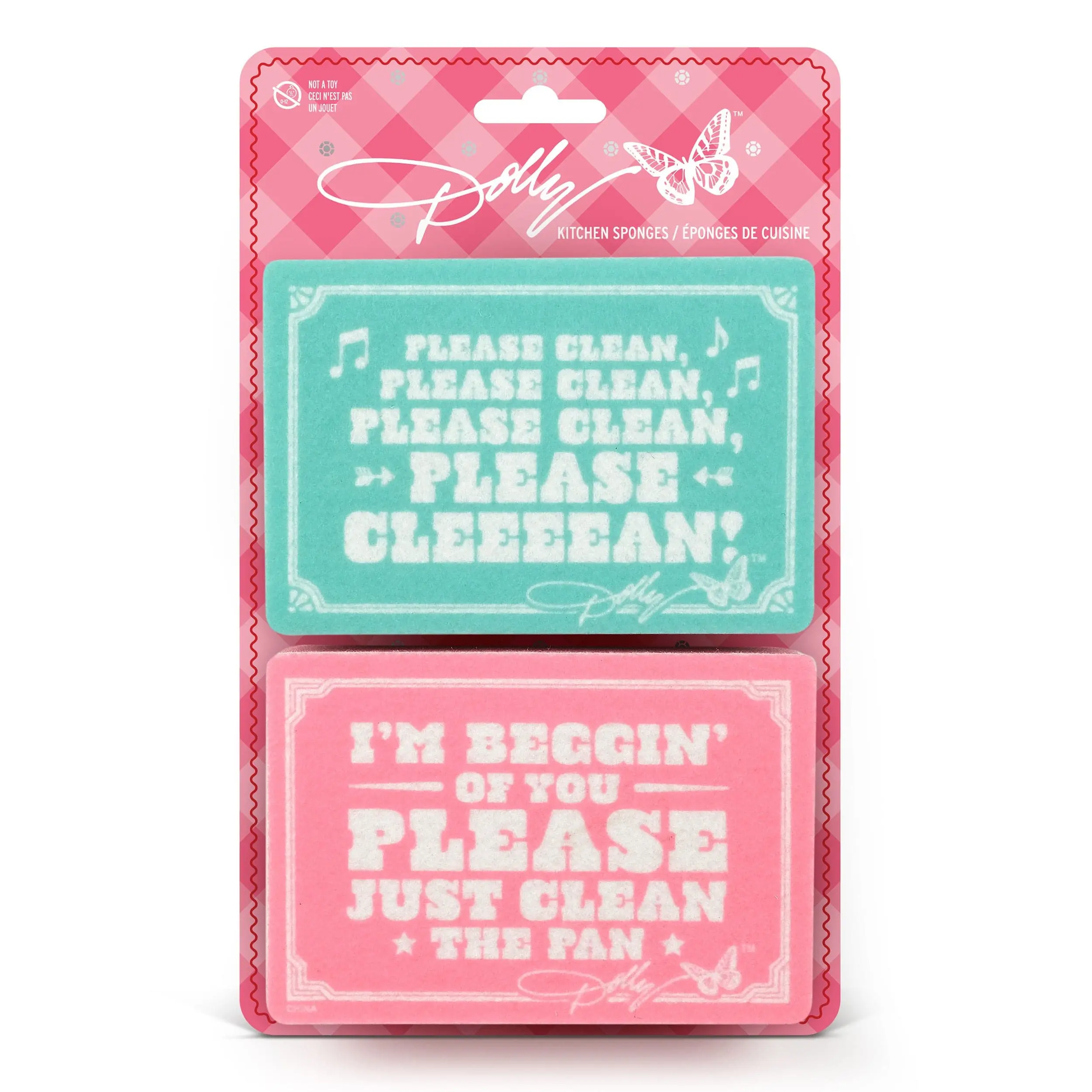 DOLLY SINGING SINK SPONGES with Parody Lyrics & Dolly Logo on Pink Gingham Backer for Gifting or Everyday Use