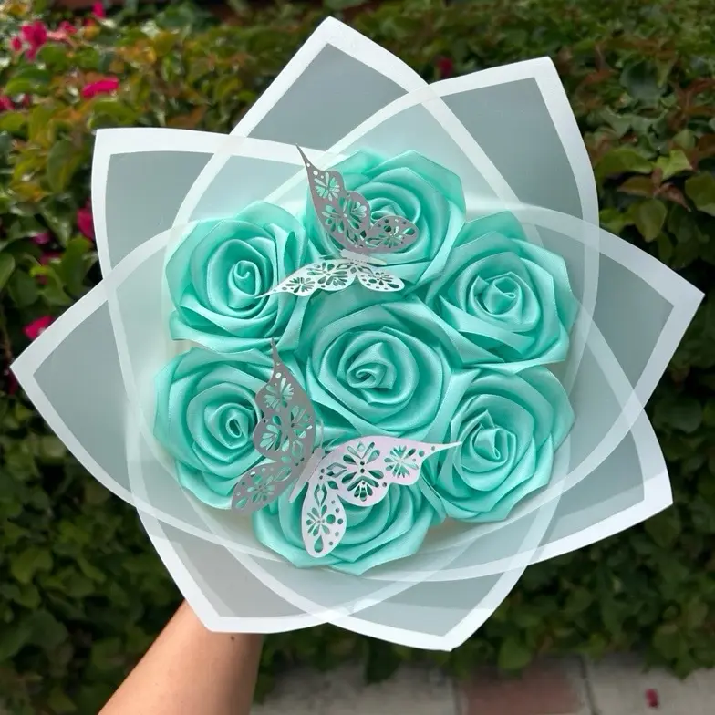 Turquoise Bouquet with Butterflies Vibrant Turquoise Color Rose Ribbon Elegant Floral Arrangement for Romantic Events & Gifts