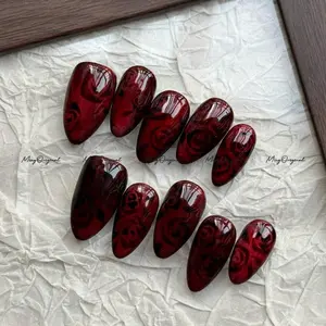 Velvet Rose Press-On Nails, Deep Red Glossy Nails with Embedded Black Floral Art, Cat Eye Handmade Romantic Nail Set