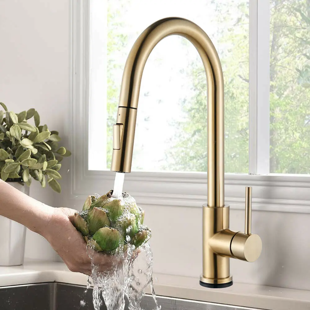 Kitchen Faucets with Pull Down Sprayer, High Arc Stainless Steel Single Handle Kitchen Sink Faucet, 1 Hole Brushed Gold Water Faucets for Farmhouse Laundry Camper Rv Bar