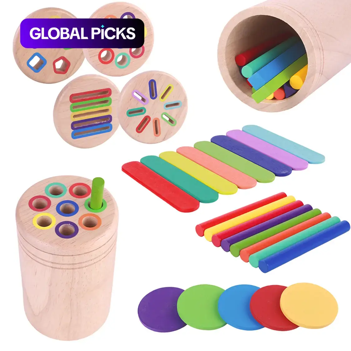 Wooden Color-Sorting Pen Holder Toy, 4-in-1 Shape Recognition & Matching Puzzle, Hand-Eye Coordination Shape Sorter for Kids #GLOBAL PICKS