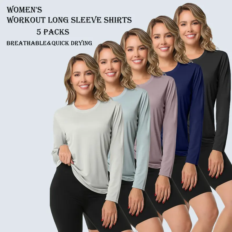 5 Pack Women's Long Sleeve T Shirts Workout T Shirts For Women Absorbs Sweat Breathable Tops Sexy Sporty Topsexy T Shirt For Woman UV Sun Protection Lightweight Outdoor Workout Shirt Energetic Multi-Color Sports Tops For Running Gym Hiking Athletic Wear,