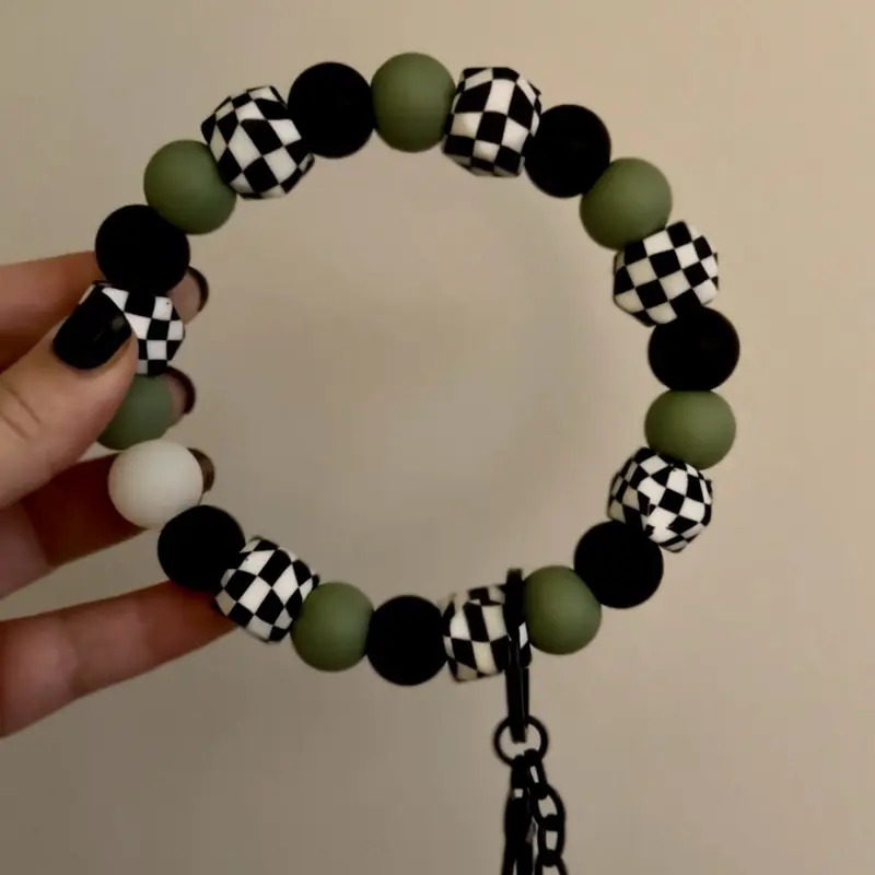 Sage Black Checkered Silicone Beaded Wristlet with Green and White Beads on a Black Chain
