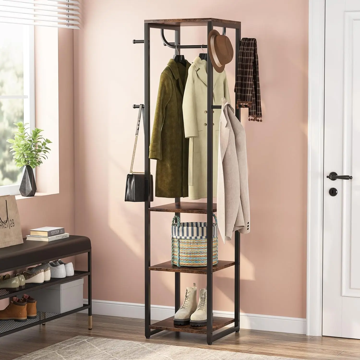Tribesigns Freestanding Coat Rack Industrial Hall Tree with 4 Shelves and 8 Hooks, Small Clothes Rack for Entryway, Bedroom Metal Organiser Steel Adjustable Hanger Shelf