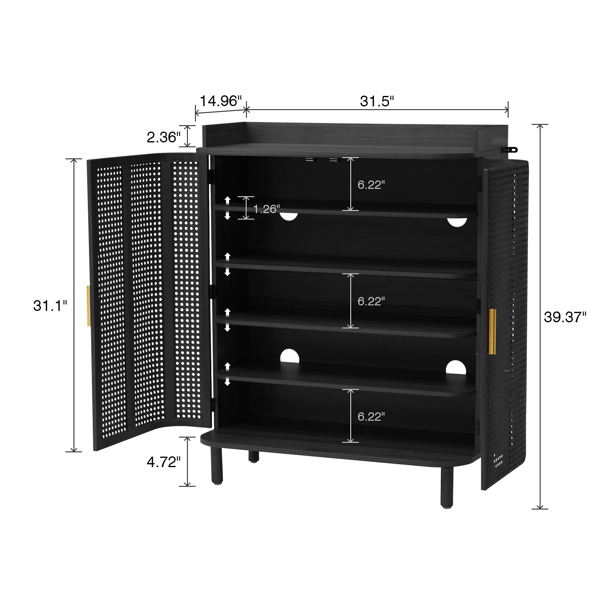 Giratree Shoe Cabinet, 5 Tier Boho Wooden Shoe Storage Organizer Cabinet with Adjustable Shelves, Shoes Rack with Iron Rattan Curved Doors Accent Cabinet for Entryway Hallway Living Room