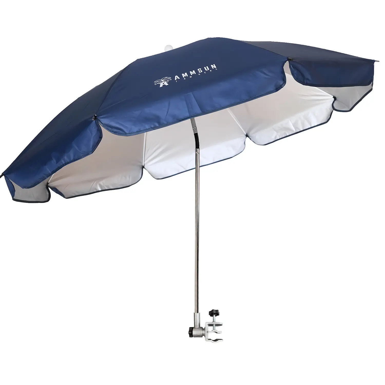 AMMSUN 47" Wide Portable Sun Parasol Umbrella - 8-Rib Oxford Fabric Canopy with UPF 50+, Rotatable Adjustable Tilt Canopy, Patented Lower Clamp Design for Strollers & Camping Chairs, Navy Blue, Easy Setup, Carry Bag with Shoulder Strap, Assembly Required