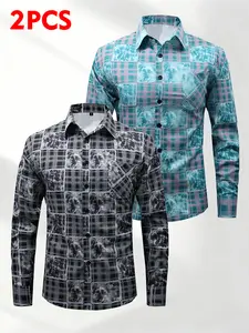 2-Pack Men’s long-sleeve shirt, regular fit, turn-down collar with single-breasted front placket, versatile for business, chest patch pocket design, suitable for everyday casual wear in spring.