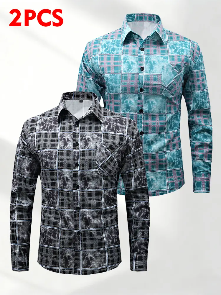 2-Pack Men’s long-sleeve shirt, regular fit, turn-down collar with single-breasted front placket, versatile for business, chest patch pocket design, suitable for everyday casual wear in spring.