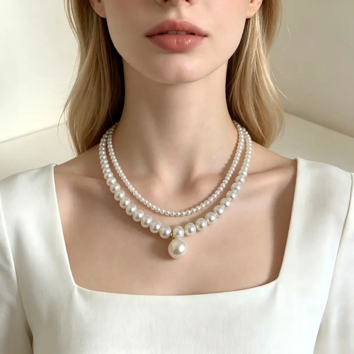 Women's French-Style 2-Layer Imitation Pearl Necklace, White Drop Pendant Beaded Costume Jewelry with Elegant Accents for Dating