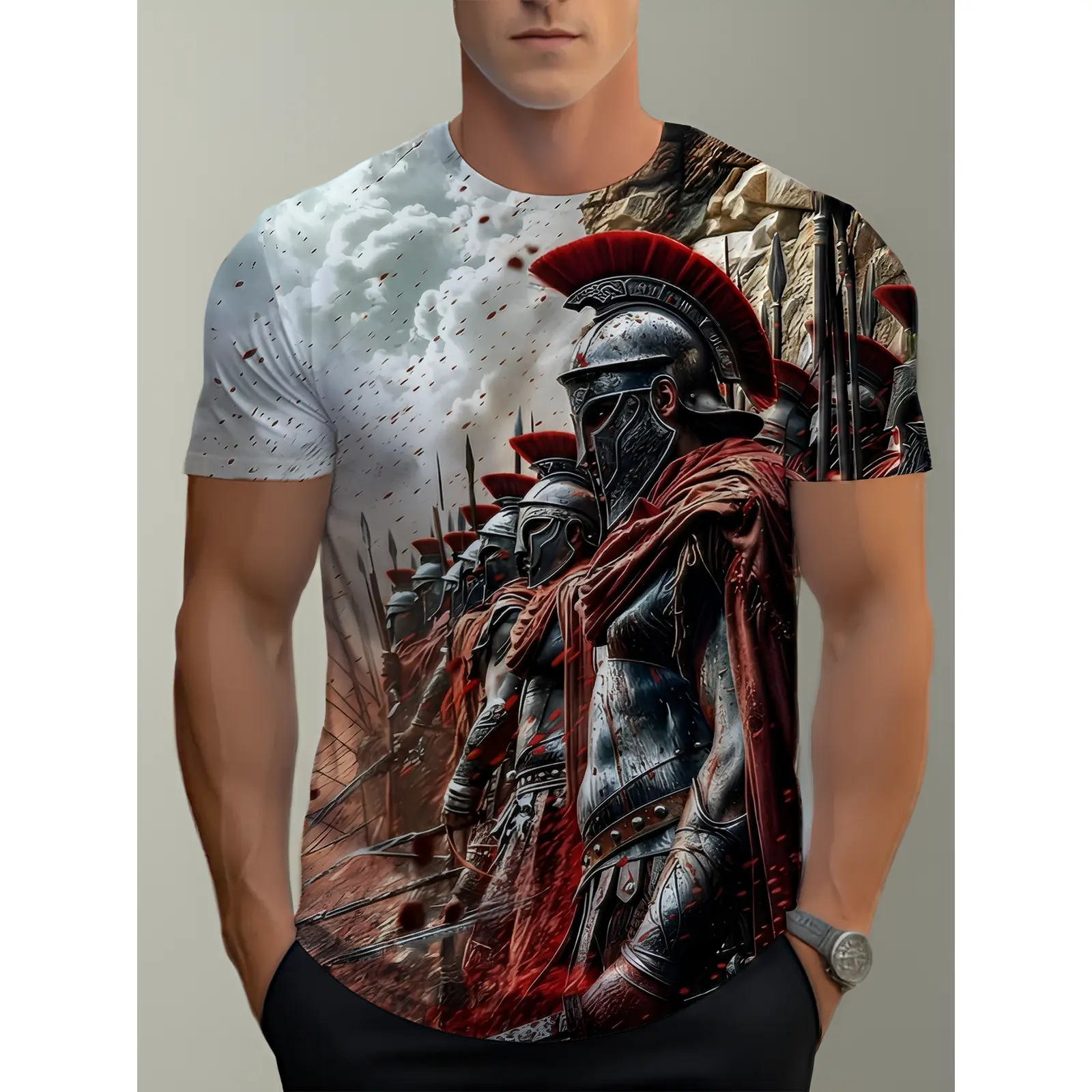 Men's T-Shirt with a 3D Spartan Gladiator Print, Vintage-Style Casual Crew Neck Polyester Tee for All Seasons Streetwear, Xxxxl, Drop Shoulder, All Over Print, Machine Wash, Normal Type, Activewear, Knit