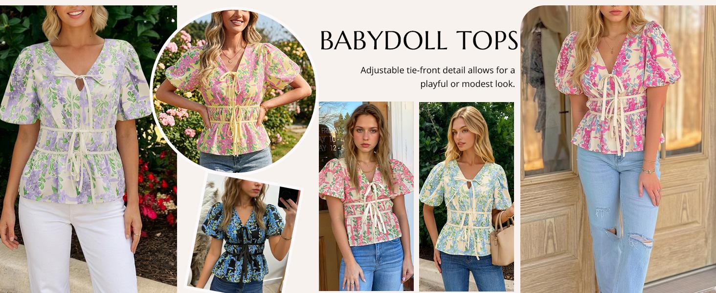 Cicy Bell Womens Puff Sleeve Tie Front Tops Summer Babydoll Peplum V Neck Blouse Casual Dressy Pleated Floral Print Shirts Cicy Bell Womens Puff Sleeve Tie Front Tops Summer Babydoll Peplum V Neck Blouse Casual Dressy Pleated Floral Print Shirts