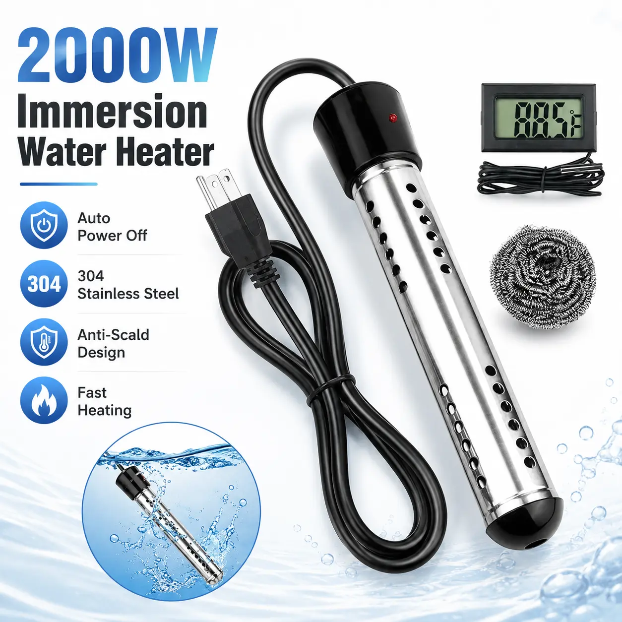 2000W Submersible Type Portable Electric Water Heater, 304 Stainless Steel with LCD Thermometer, Fast Heating for Bathtub Pool, Indoor/Outdoor Durable Bucket Heater for Efficient Safety