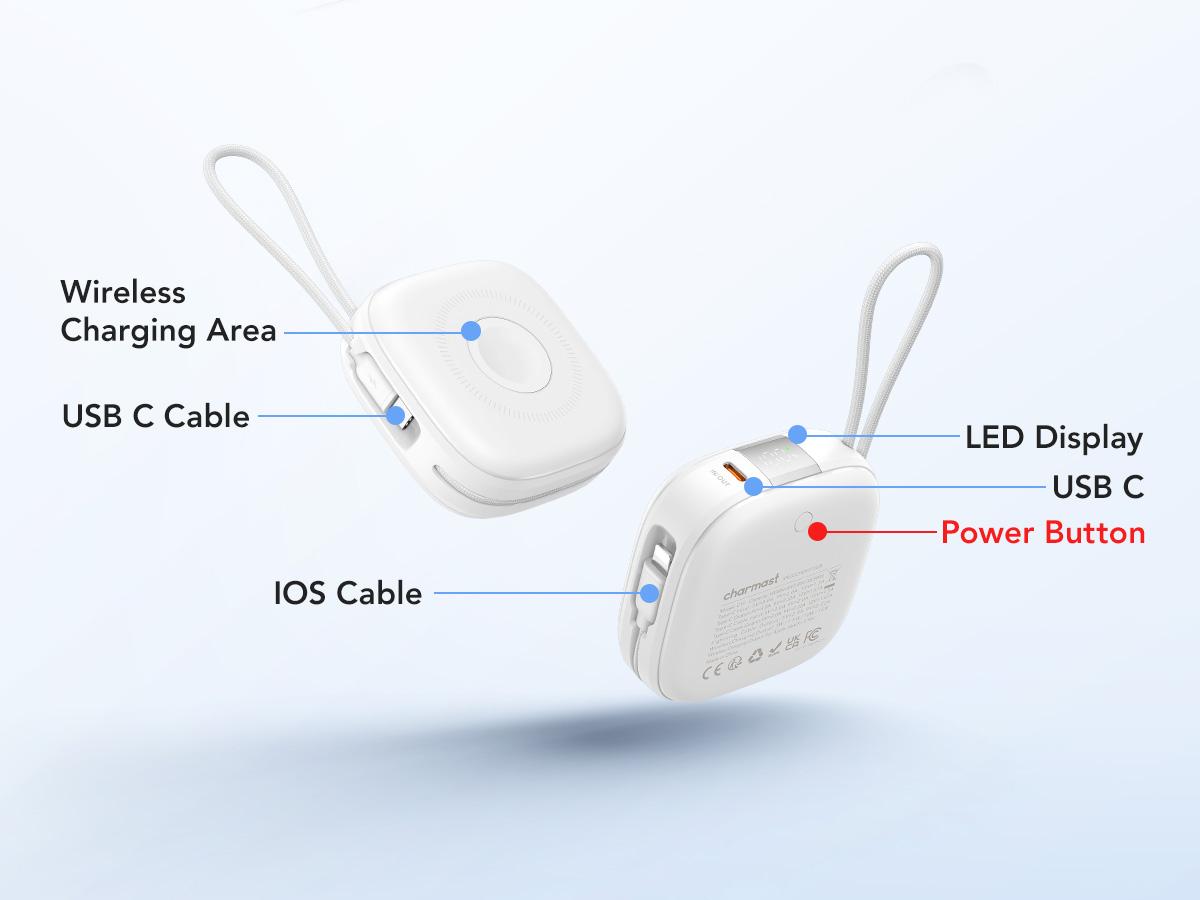 Charmast 10000mAh Magnetic Wireless Power Bank 20W PD Fast Charging 3-in-1 Portable Charger for Smartphones Smartwatches & Earbuds Built-in USB-C Secure MagSafe Wireless Charging Travel Battery Pack Cable Chargeable