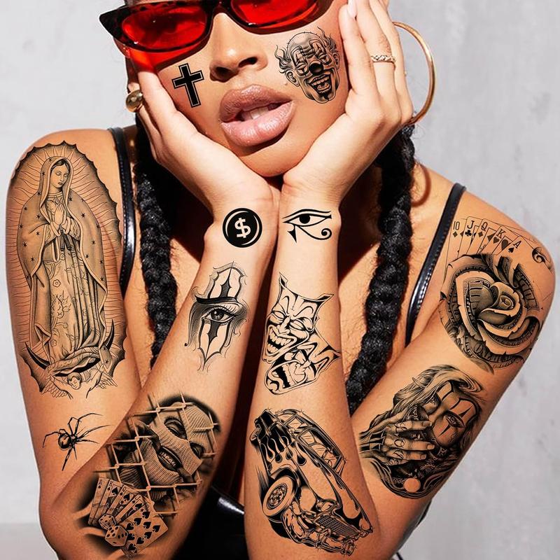 6 Sheets Large Chicano Temporary Tattoos For Men Women Adult, Chicana Guadalupe Gangster Fake Tattoos Prisoner Day of the Dead, Mexico Tattoo Stickers, Tatuajes Temporales Autocolante sticker tattoo sleeve rising sun tattoo