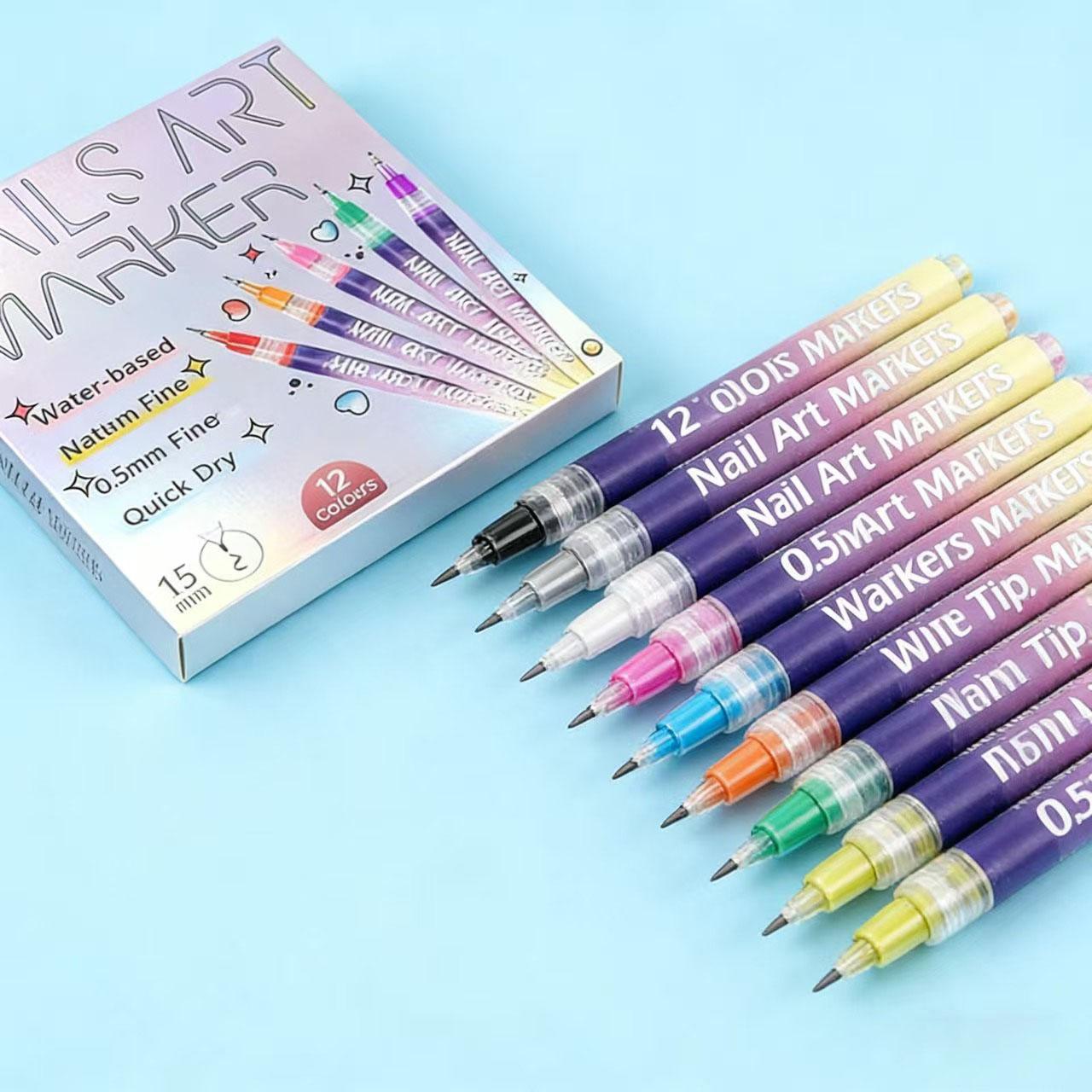 12-Color Nail Art Marker Set – Quick-Drying Acrylic Pens for DIY Manicures & Easy 3D Designs, Ideal for Beginners