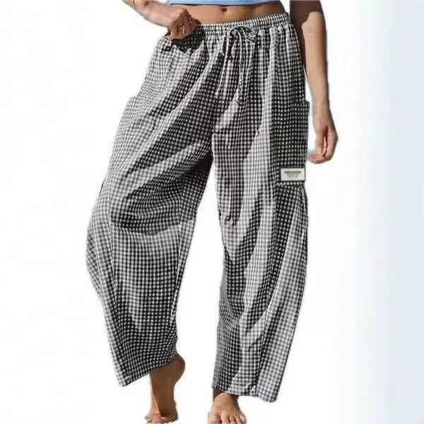 【SS26 Collection】Womens Wide Leg Gingham Striped Plaid Pants Casual Barrel Loose Drawstring Low Waist Palazzo Harem Pants with Pockets