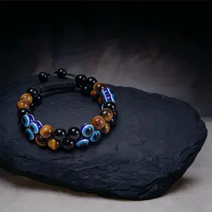 Witchy Jewelry - Evil Eye Tiger Eye Bracelet with Gold Plated Accents, Durable Double Rope Adjustable Knot, Protection Pagan Jewelry | Witchtok Gift Blocks Ill Intentions Calms Emotions