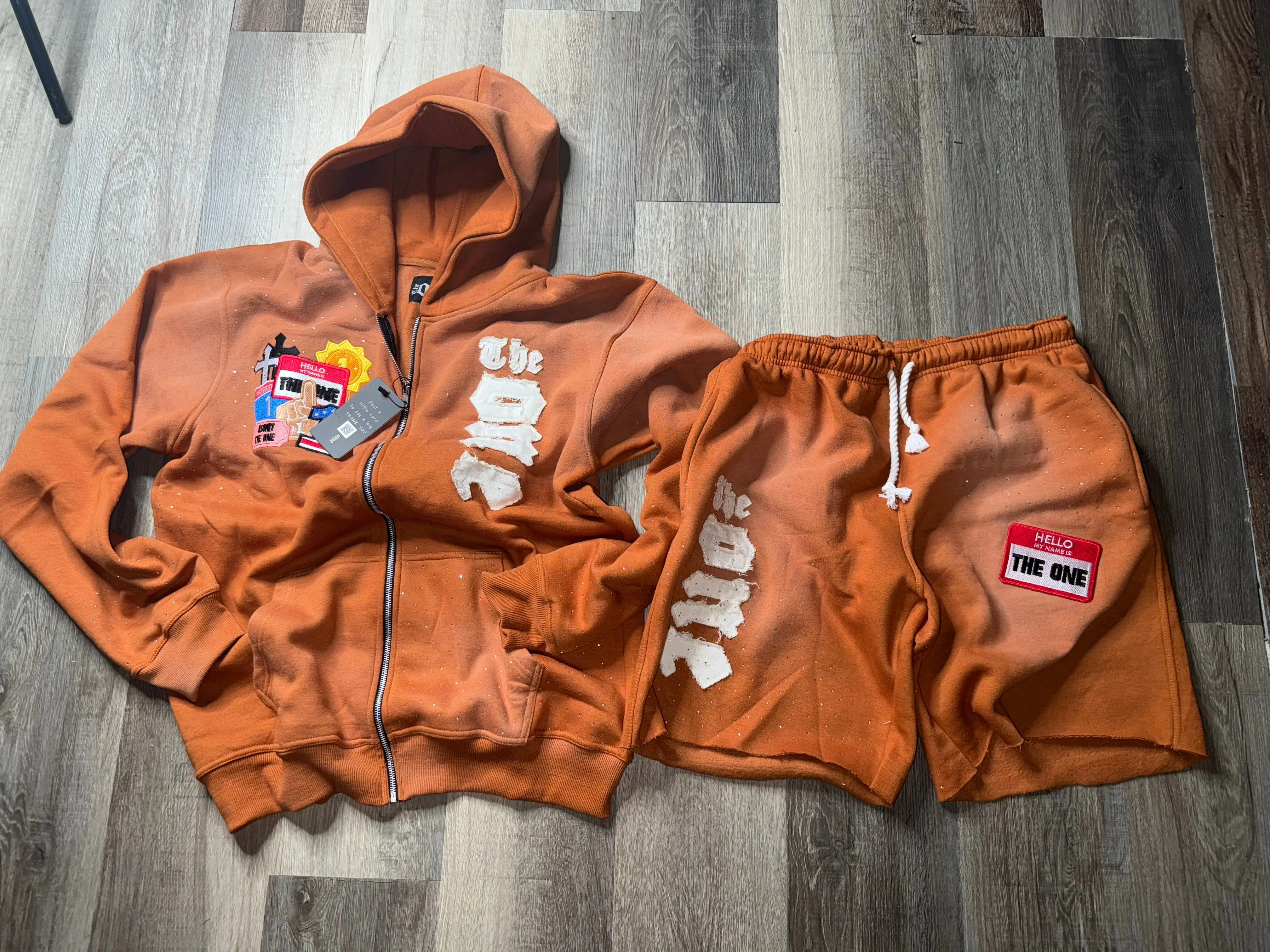 Patch Work Hoodie & Shorts Set (Burnt Orange)