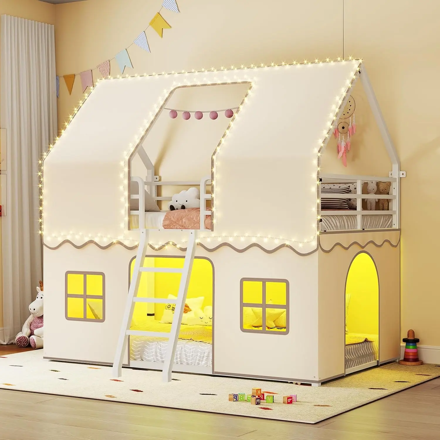 Sikaic Bunk Bed Twin Over Twin with Play Curtain, House Bunk Bed with LED Lights, Metal Kids Bunk Bed with Inclined Ladder and Guardrail, Space Saving, No Box Spring Needed Toddler Bed Loft Bed Summerwins