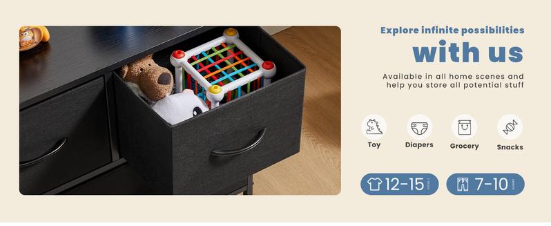 Sweet Furniture S -  Dresser TV Stand, Entertainment Center with 5 Fabric Drawers, Media Console Table for TV with Open Storage Shelf Dresser