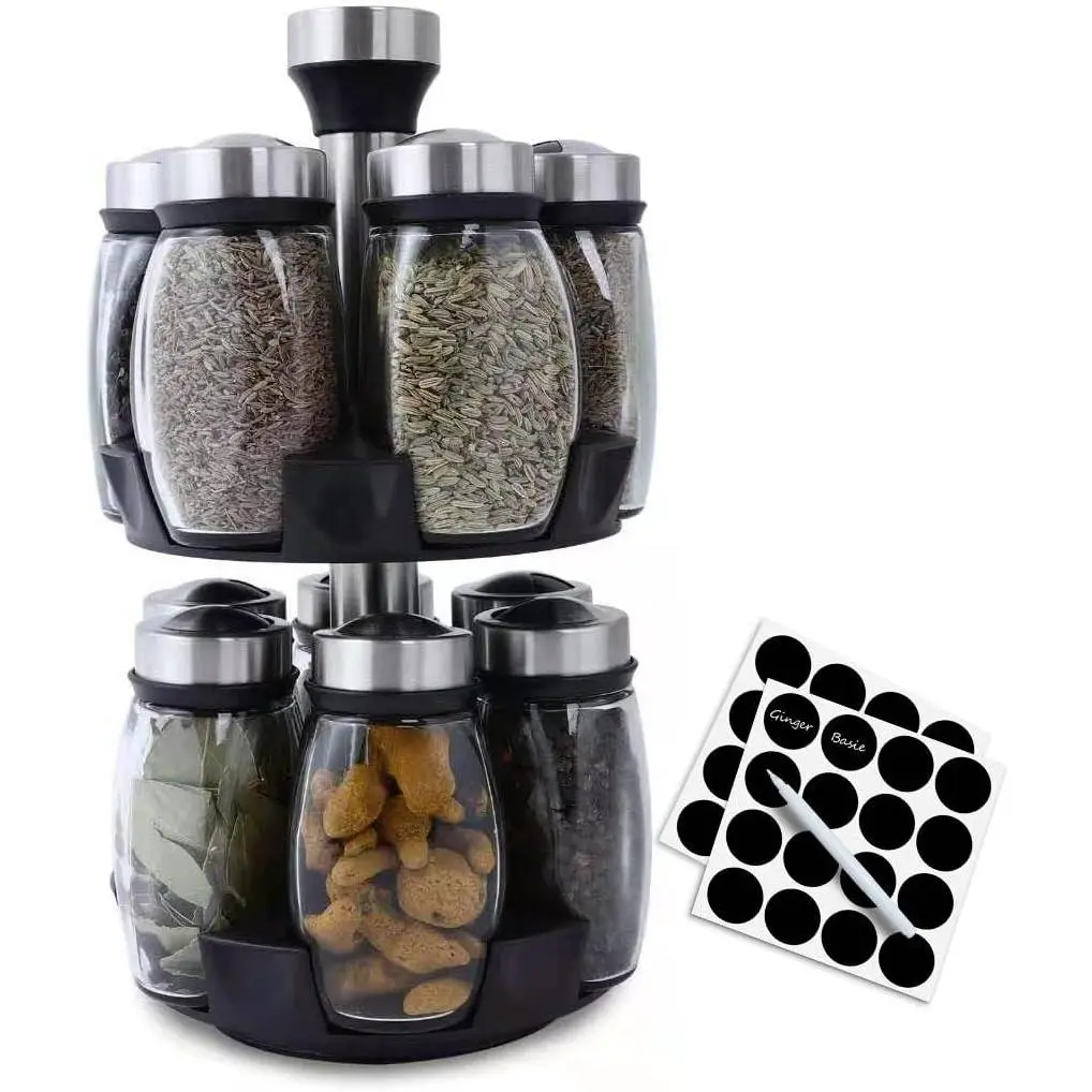 360 Rotating Modern Spice Rack Set – Kitchen Accessories, 12 Empty Glass Jars & Plastic Canisters, Countertop Herb & Seasoning Organizer with Adhesive Labels for Easy Seasoning Access, 360 Rotating Organizer