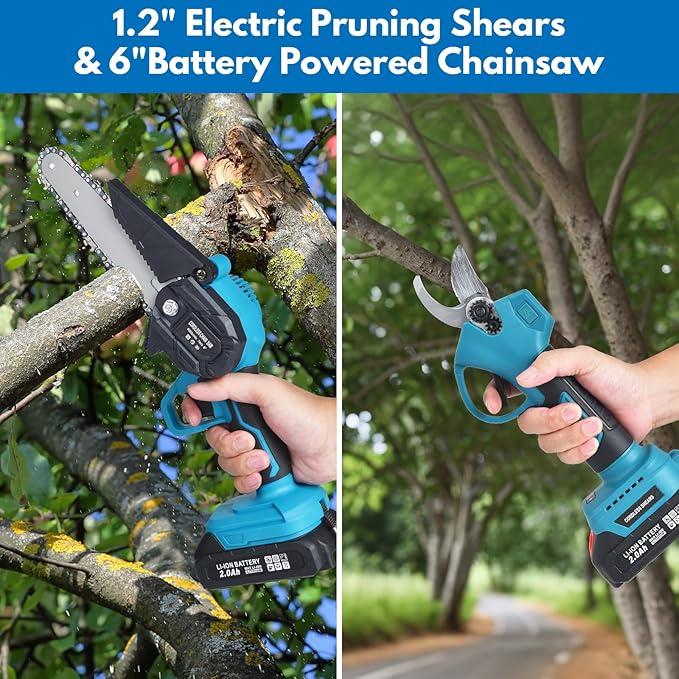 3 in 1 Cordless Pole Saw & Mini Chainsaw Garden Scissors with 2 Batteries, Power Electric Polesaw for Tree Trimming, Chain Saw with Extension Pole, Limb Branch Cutter Pruner Outdoorfun 3 in 1 Cordless Pole Saw & Mini Chainsaw Garden Scissors with 2 Batteries, Power Electric Polesaw for Tree Trimming, Chain Saw with Extension Pole, Limb Branch Cutter Pruner Outdoorfun