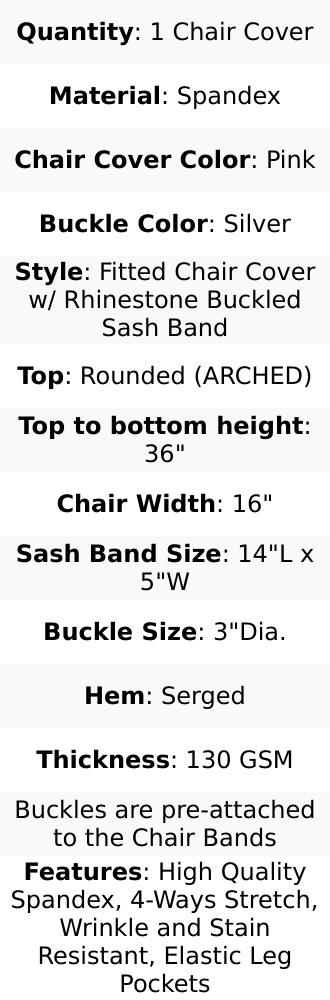 Stretch Spandex Chair Cover Pink for Folding Chairs - Secure Fit Slipcover with Silver Rhinestone Buckled Sash Band