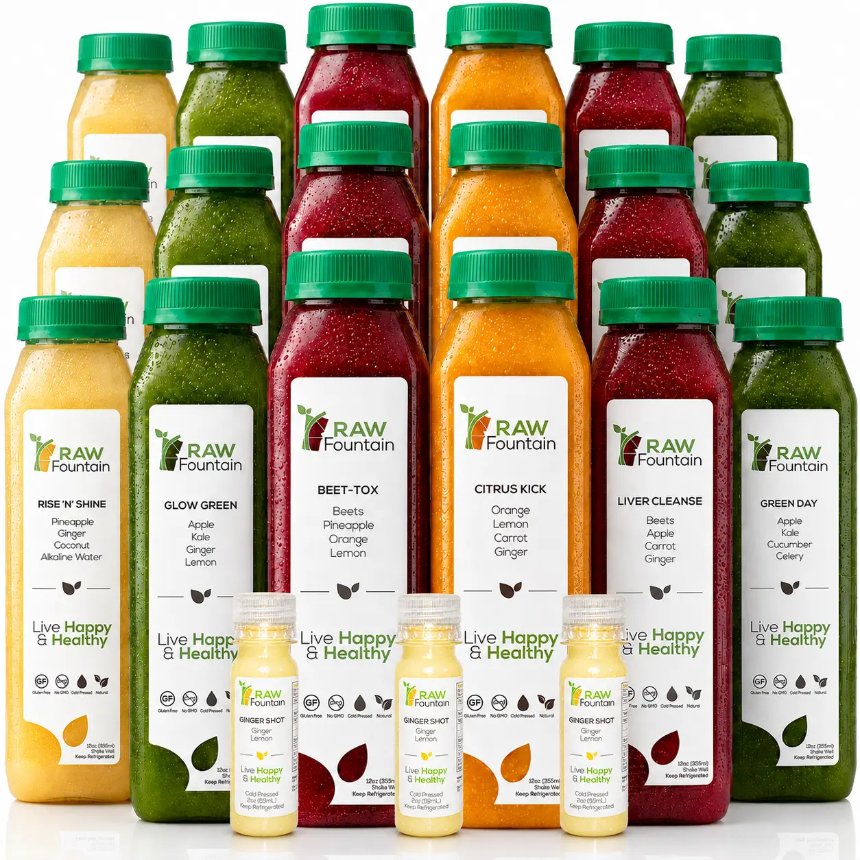 3 Day Juice Cleanse Detox by RAW Fountain, RAW Cold Pressed Juices, All Natural, No Gluten, No Wheat, No Artificial Flavors, 18x 12oz Bottles, 3 Ginger Shots 2oz