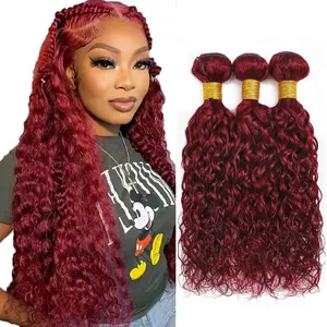 ALHER #99j Dark Burgundy Bundles Human Hair Water Wave Soft Thick Plum Cherry Wine Red Colored Wet n Wavy 3 Bundles Salon-Grade 100% Unprocessed Virgin Hair Extensions Sew In Weft