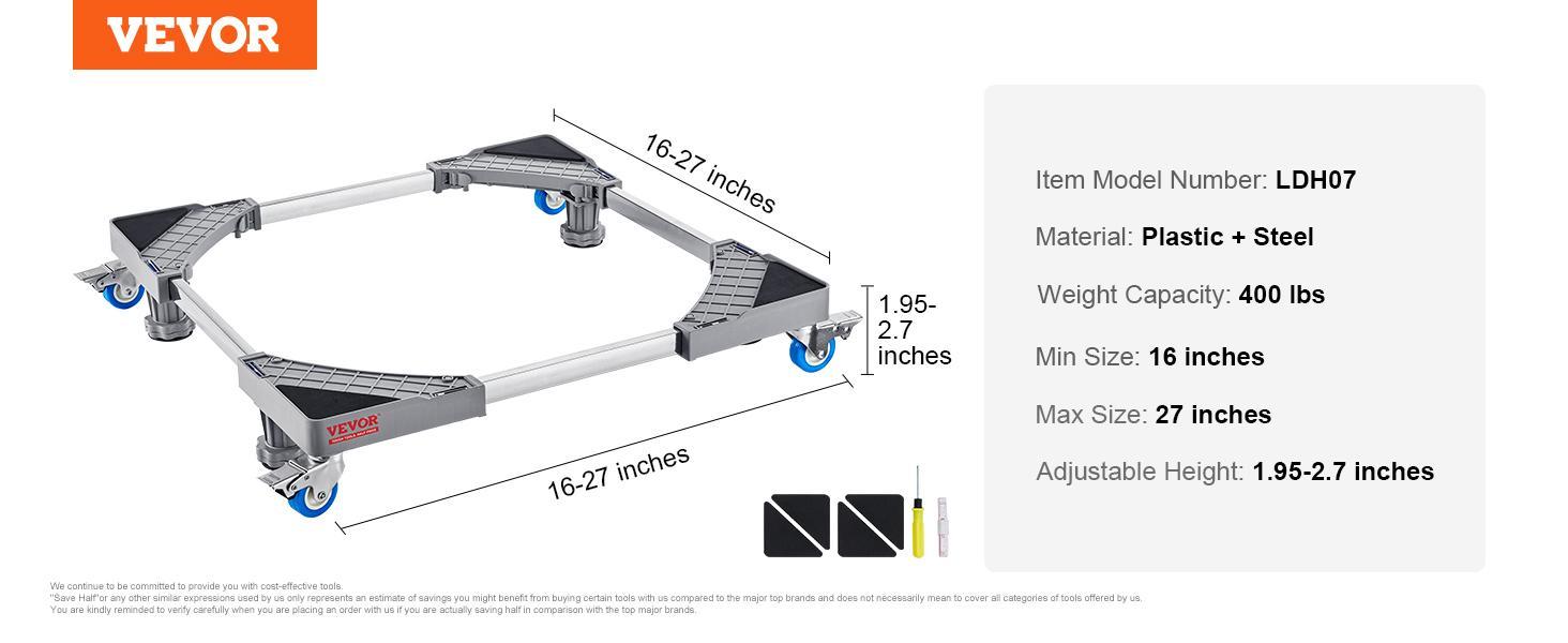 VEVOR Mini Fridge Stand, 400 lbs Load, 4 Strong Feet, 4 Locking Swivel Wheels, Washer and Dryer Pedestal, Multi-Functional Adjustable Base for Washing Machine, and Refrigerator, Universal Mobile Base