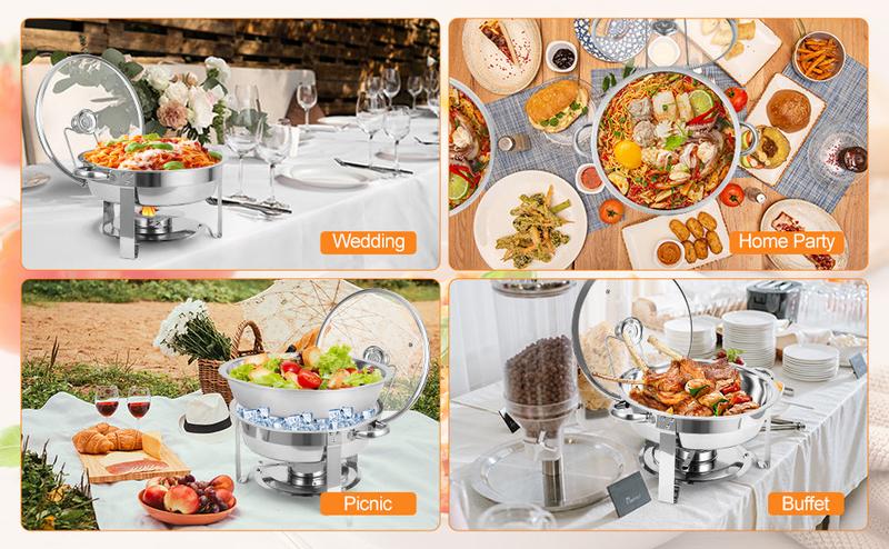 GARVEE 2 Pack 5QT Stainless Steel Round Chafing Dishes with Glass Lids, Ideal for Buffets, Parties, Weddings, and Camping Events, Available in Elegant Silver and Gold Finishes.