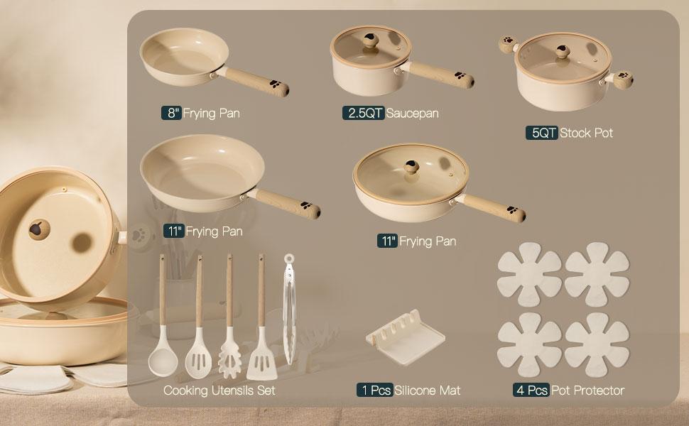 Astercook Ceramic Pots and Pans Set Non Stick 17 Pcs Induction Kitchen Cookware Sets NON TOXIC Healthy Kitchen Cooking Set with Frying Pans Set and Dog Paw Design（PFAS PTFE PFOA PFOS Free）