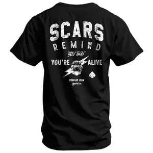 Scars Remind You That Youre Alive Tactical T Shirt With Skull Lightning Graphic Design, Motivational Grit Quote Apparel For Warriors And Survivors, Tough Mindset Statement Tee For Military Style Streetwear Fans