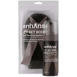 Enhanse Jet Set Body Express Self Tanner Mousse & Tanning Mitt for Men, Hydrating Self Tan, Vitamin C E D3, Perfect Vacation Prep, Develops in 1-3 Hours, Anti Orange Streak Free Tanning, 5 Fl Oz