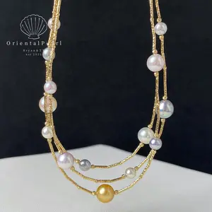 NC29-Stardust Sonata Natural Seawater Pearls Necklace with White Blue Gold Saltwater Pearls with S925 Sterling Silver Gold Color Tubes Beads Decoration Genuine Seawater Pearls Necklace
