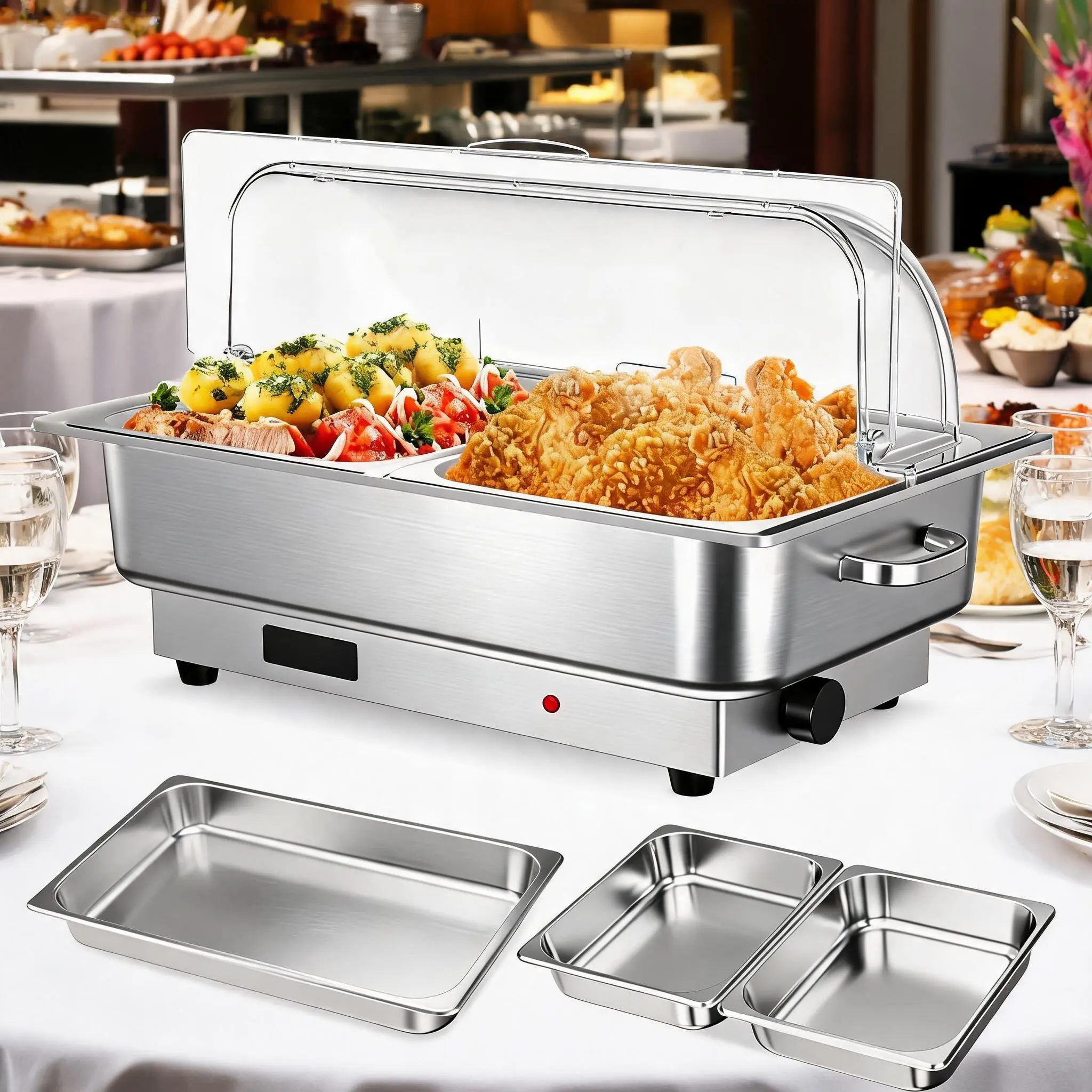 Garvee Upgraded Electric Chafing Dish 9QT for Buffet & Parties - Stainless Steel Durable Construction, Precise Temperature Control, Convenient Flip-Top Lid - Includes 1 Large Tray & 2 Medium Trays - Perfect for Serving & Keeping Food Warm at Caterings