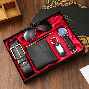 Men Fashion Accessory Set with Watch Belt Wallet Sunglasses Cufflinks Pen Ideal Gifts for Business Wedding Party Trendy Valentine's Day Present for Boyfriend Father