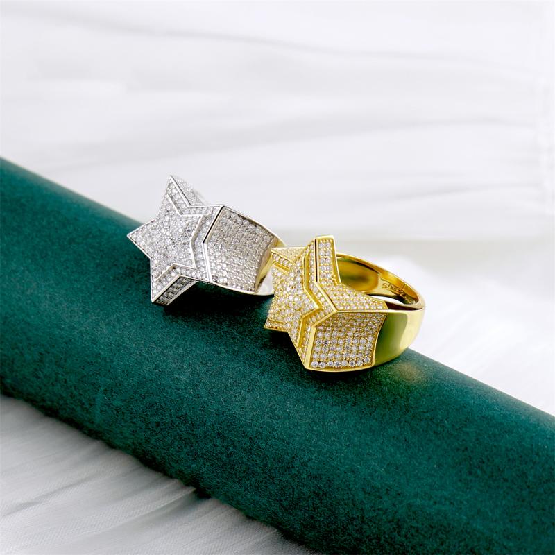 Delzzad 14K Gold-Plated Bling Pentagram Ring Round VVS Synthetic Moissanite S925 Unisex Hip Hop Iced Out Stars Ring Band Perfect for Any Occasion & Everyday Wear Birthday Anniversary Mother's Day Christmas Gifts for Men Women