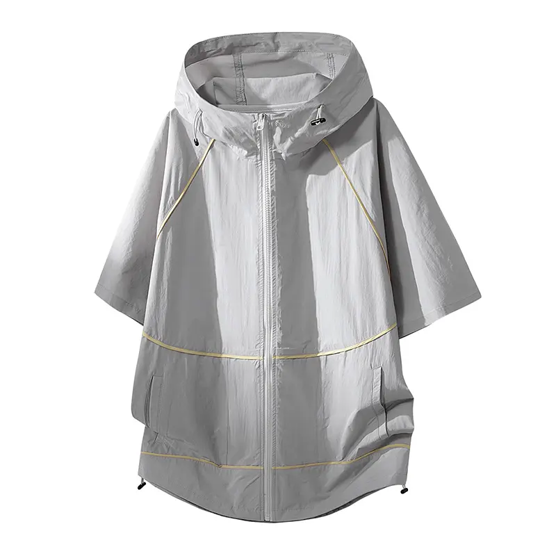 Men's Minimalist Windbreaker Jacket, Stylish Patchwork Short Sleeve Hooded Outerwear with Sun Protection for Summer, Menswear, Shortsleeve, Casual, Foldable, Chic, Polyester, Solid, Ice-Cool Feel, Loose-Fitting, Machine Washable, Tops, Solid Colors, Fashi