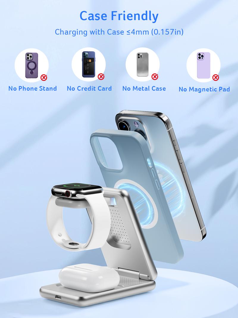 Acer 3 in 1 Wireless Charging Station, MagSafe Charger Stand Compatible, Qi2 15W Certified Palm-Sized Foldable Charger for iPhone 17/16, Apple Watch, AirPods (Non-Battery, Adapter Included)