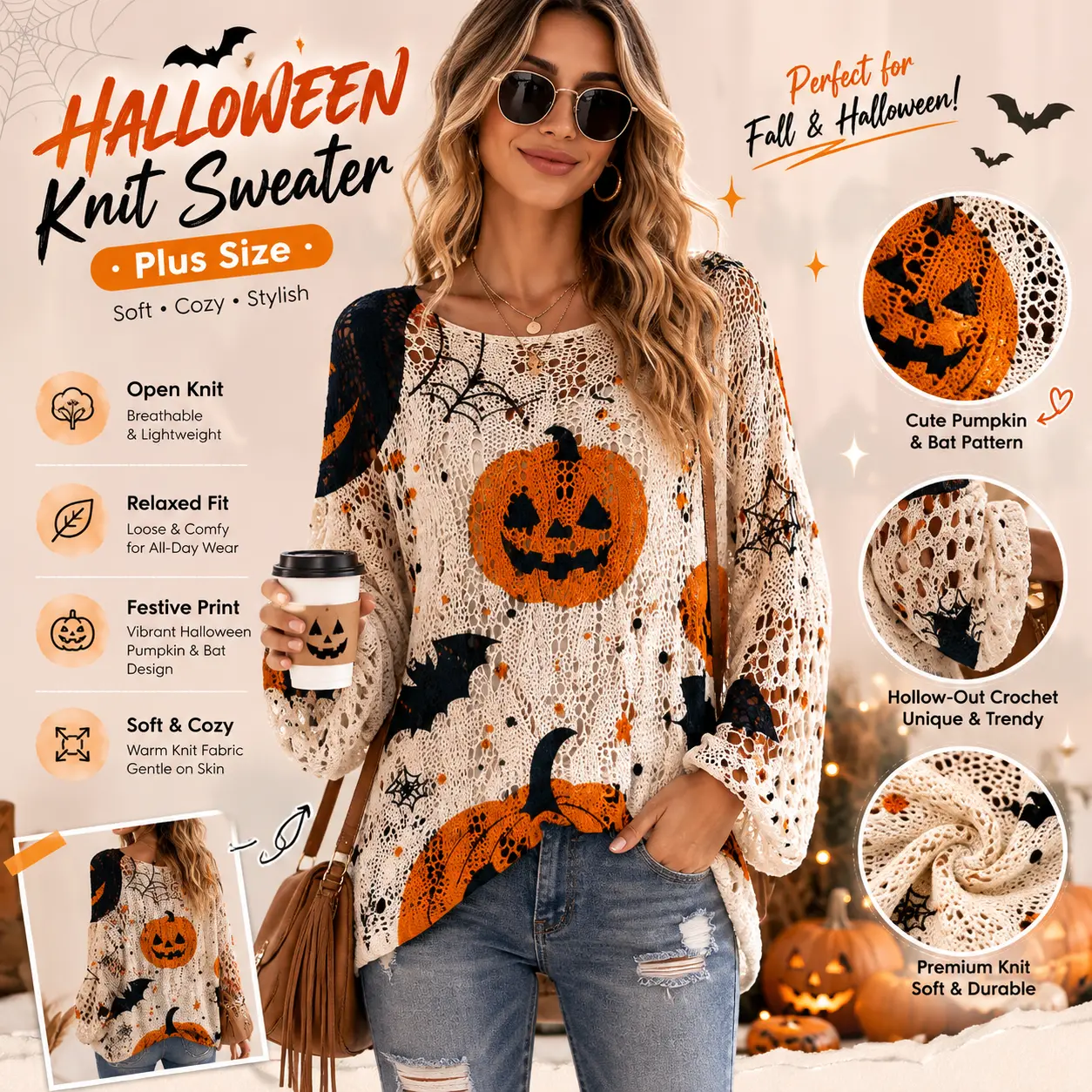 Women's Long-Sleeves Style Knitwear Clothes, Halloween Pumpkin-Bat Print Casual Fall Pullover Sweater, Lady