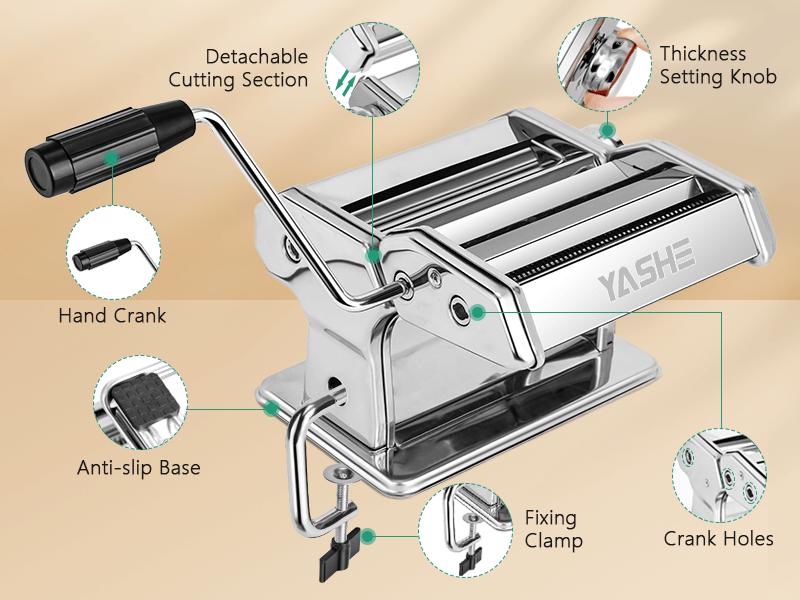 YASHE Pasta Maker Machine, Stainless Steel Pasta Roller and Cutter with 7 Adjustable Thickness Settings,  Kitchen Utensils Detachable Cooking Kitchenware, Cutting Noodle Home Operation Manual