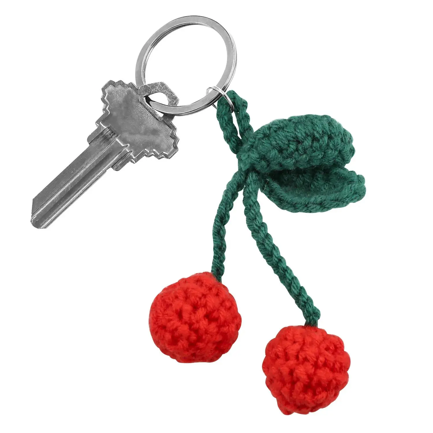 5" Bright Red & Green Crochet-Style Cherry Keychains - 6 Pc.