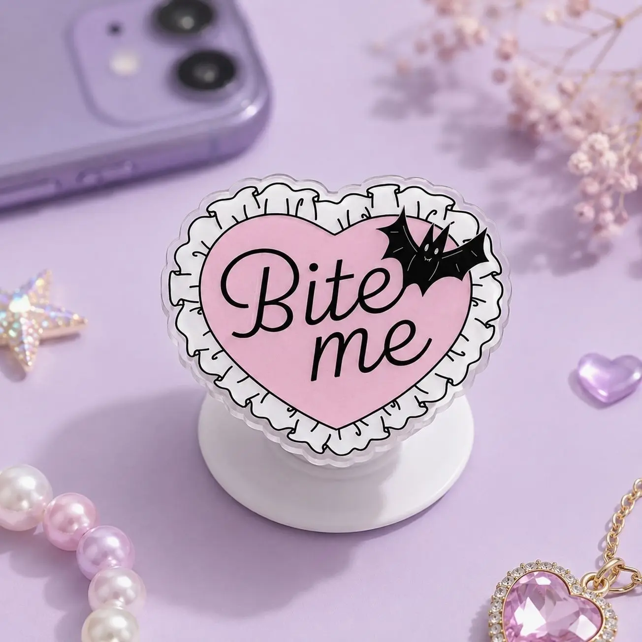 "Bite Me" Pink Heart Bat Magnetic Phone Grip | 3-Inch Pastel Goth Phone Stand